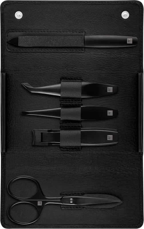 ZWILLING Manicure Set (5 piece, travel set for facial and beard hair, with nail clipper and beard scissors), Premium, Black Edition