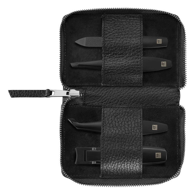 ZWILLING Manicure Set (4 piece, genuine leather case with snap button, travel set, with nail clipper and cuticle cutter), Premium, Black Edition