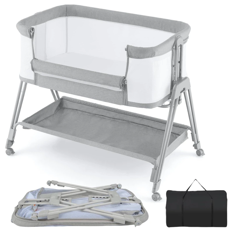 GYMAX Baby Bedside Crib, Foldable Infant Side Cot (Light Gray)