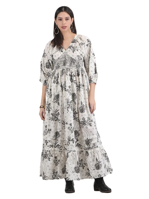 Arayna Women's Boho Long Dress - Floral V Neck - Ivory Cream M