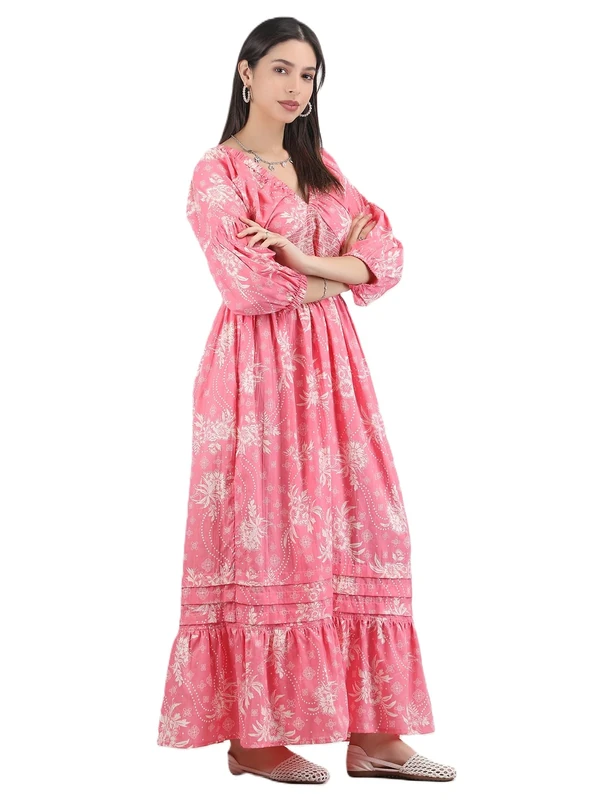 Arayna Women's Casual Long Dress for Summer Wear, Urban Bohemian Floral Printed V Neck Smocked Outfit, Bohemian Dress, XL