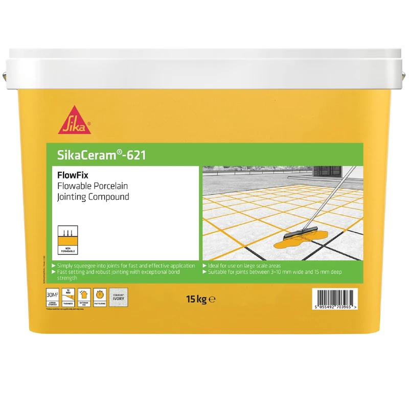 Sika SikaCeram 621 FlowFix Jointing Compound for Flowable Porcelain, Ceramic Paving and Grout Jointing Compound - Ivory - 15 kg - 30 sq.m