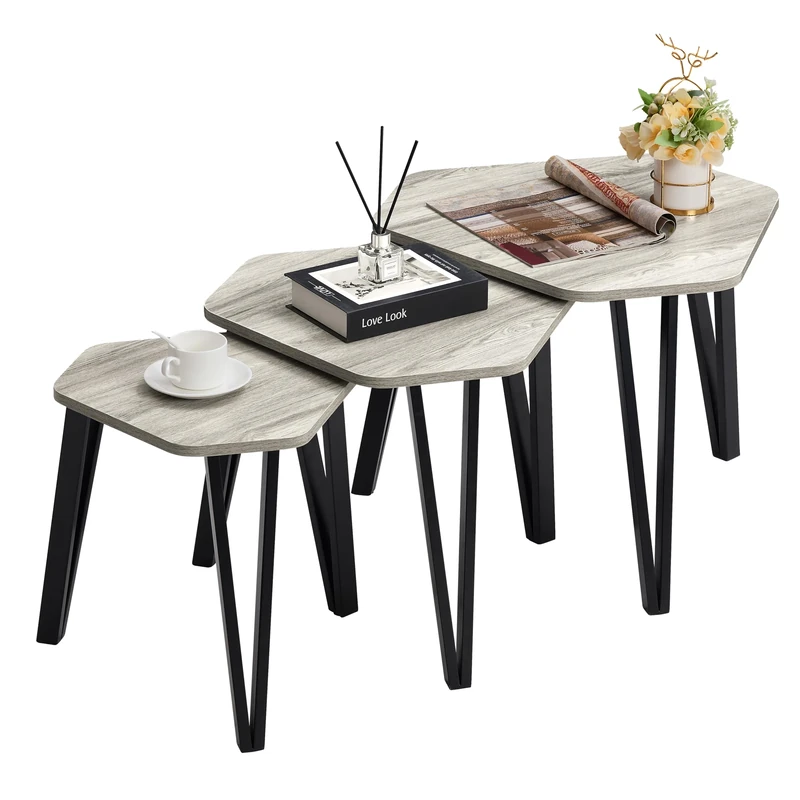 Vida Designs Brooklyn Nest of 3 Tables, Industrial Style Stacking side Tables With Steel Frame, Sturdy and Easy Assembly (Grey)