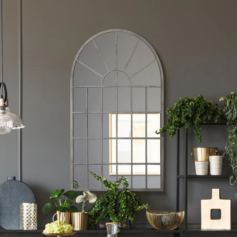The Dorset - Off White Metal Framed Arched Window Wall Mirror 31" X 20" (79CM X 51CM)
