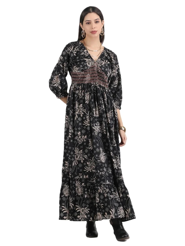 Arayna Women's Boho Long Dress - Floral V Neck, Midnight Black, S