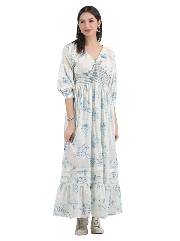 Arayna Women's Boho Floral Dress - V Neck Smocked Waist White L