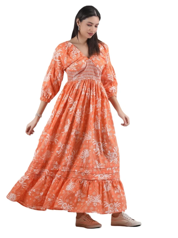 Arayna Women's Casual Long Dress for Summer Wear, Urban Bohemian Floral Printed V Neck Smocked Outfit, Sunset Orange, S