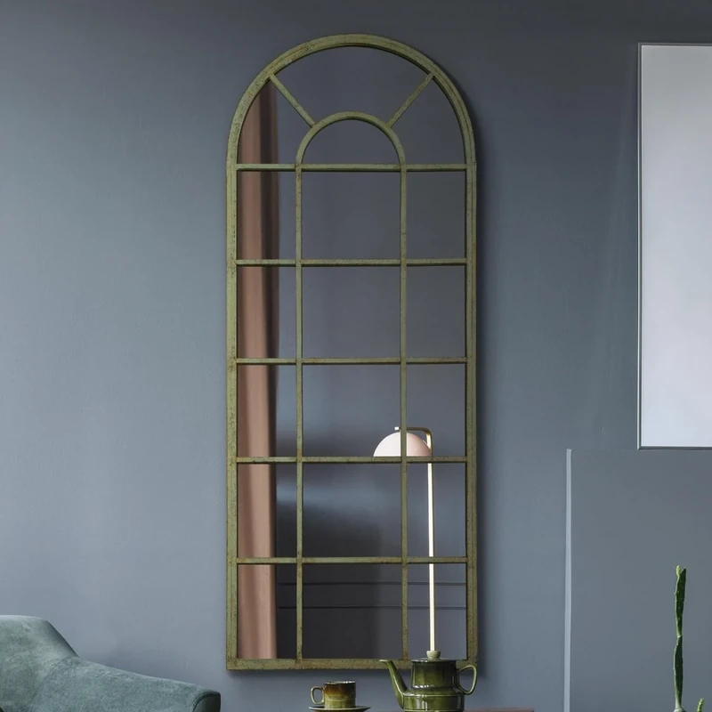 The Dorset - Rustic Green Country Metal Framed Arched Leaner Wall Mirror 55" X 22" (140CM X 56CM)