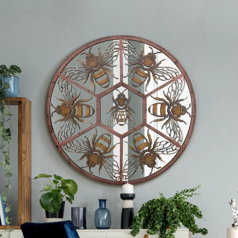 The Kirkby - Rustic Metal Round Bumble Bee Decorative Wall Mirror 32" X 32" (80CM X 80CM)