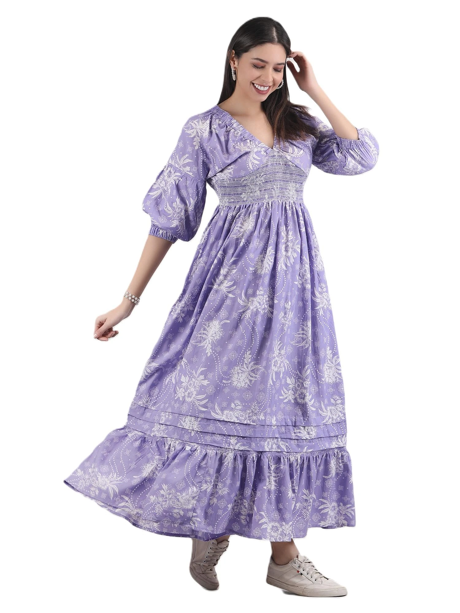 Arayna Women's Casual Long Dress for Summer Wear, Urban Bohemian Floral Printed V Neck Smocked Outfit, Royal Plum, S