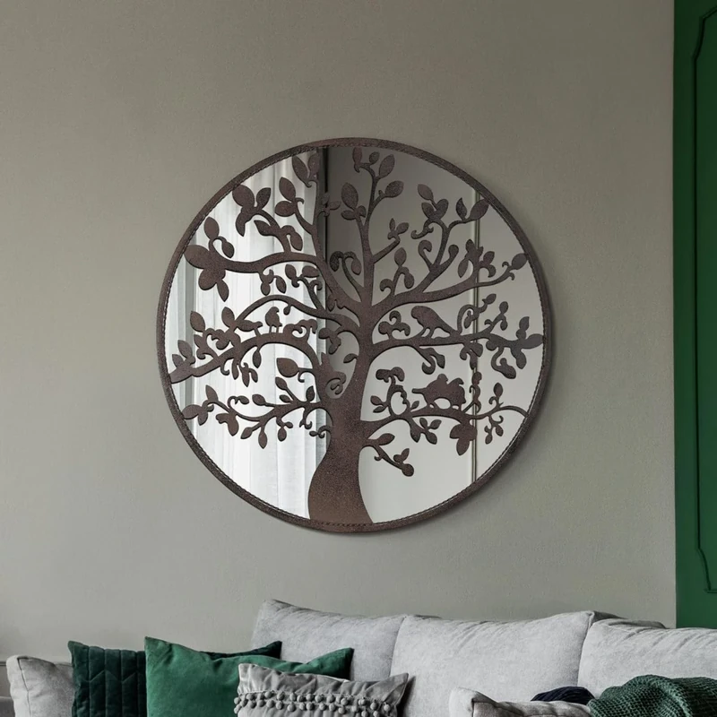 The Chelsea - Rustic Metal Round Shaped Window Decorative Wall Mirror 32" X 32" (80CM X 80CM) With Tree Décor