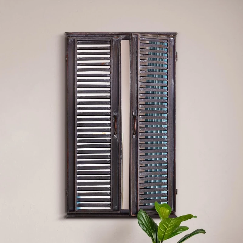 The Kirkby - Dark Metal Rustic Framed Rectangle Wall Mirror with Opening Doors 46" X 36" (117CM X 90CM max). Closed doors 36" X 24" (90cm X 60cm).