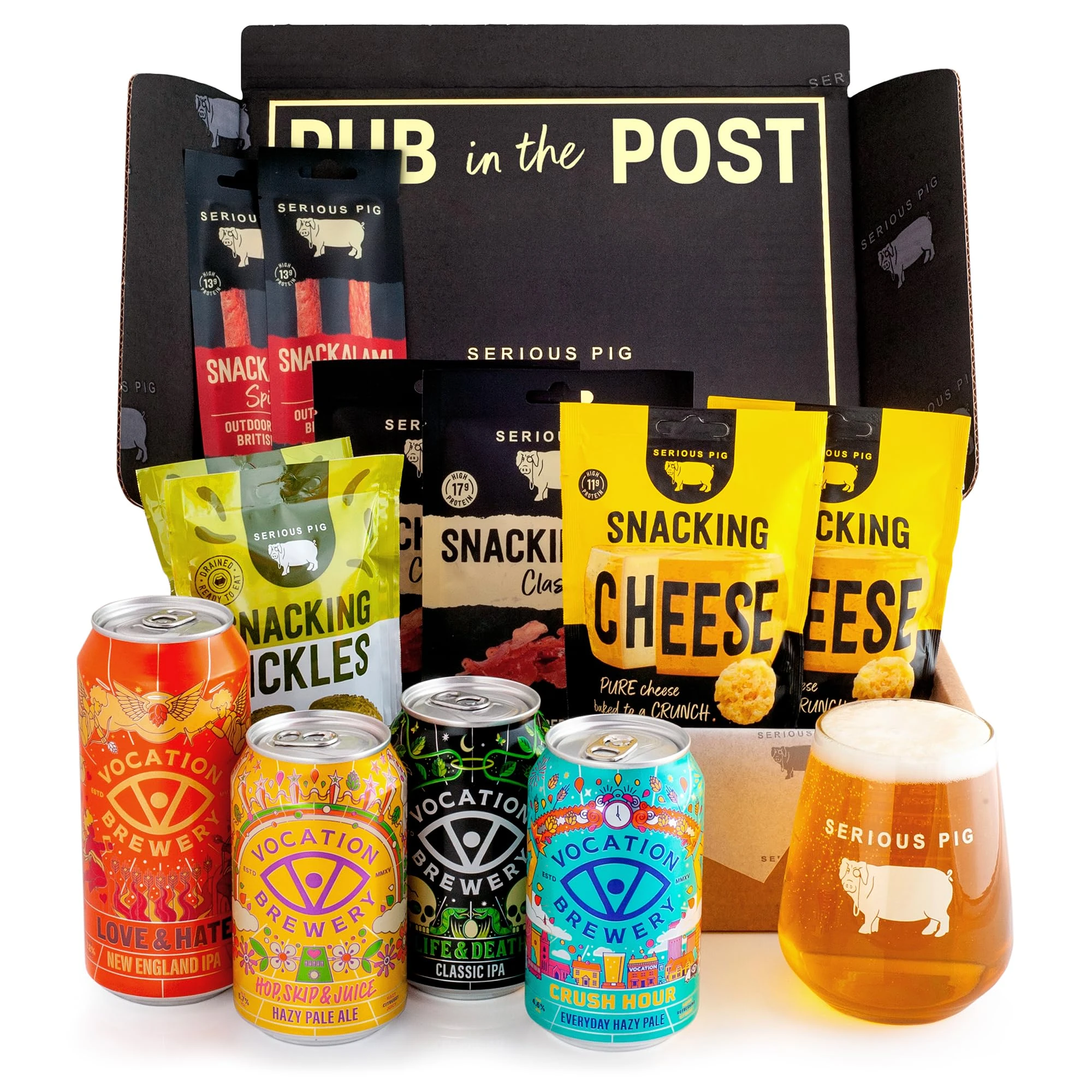 Serious Pig + Vocation Brewery Craft Beer and Snacks Gift Hamper with Glassware and Tasting Notes (13 Pack)