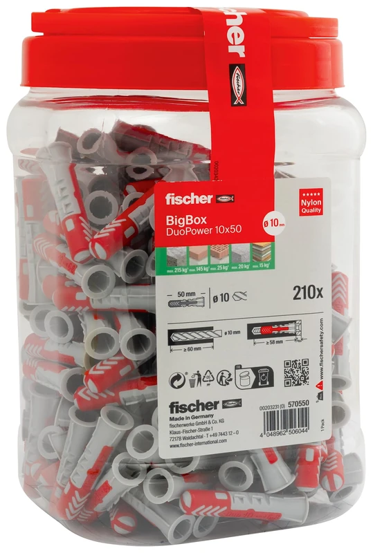 fischer DuoPower 10 x 50 in The BigBox, 210 Universal Dowels, Powerful 2-Component Dowels, Plastic Dowels for Mounting in Concrete, Bricks, Stone, Plasterboard Panels and Much More, Without Screws