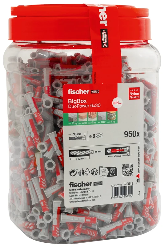 fischer DuoPower 6 x 30 in The BigBox, 950 Universal Dowels, Powerful 2-Component Dowels, Plastic Dowels for Mounting in Concrete, Bricks, Stone, Plasterboard Panels and Much More, Without Screws