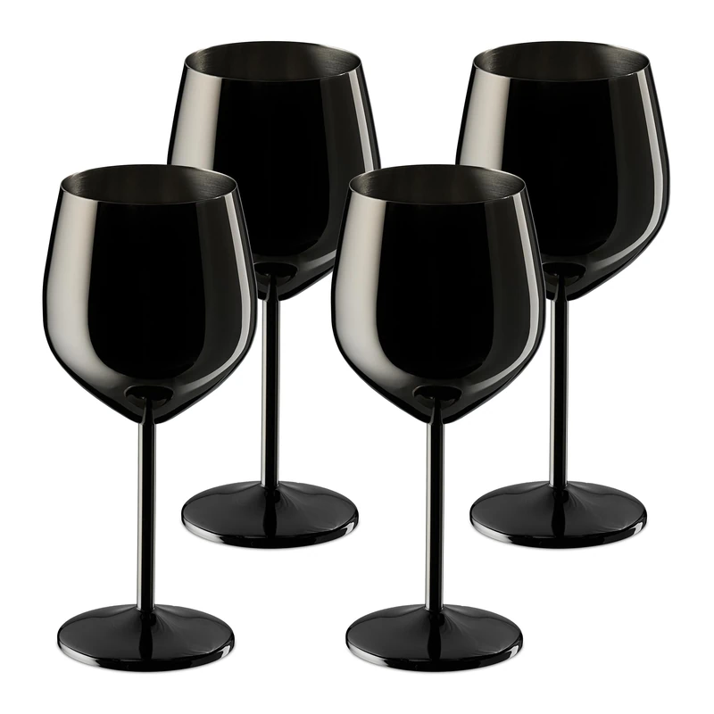 Relaxdays Glass, Set of 4, Stainless Steel, Shatterproof, Long Cooling Effect, 400 ml Volume, for Wines, Black, 20.5 x 9.5 cm