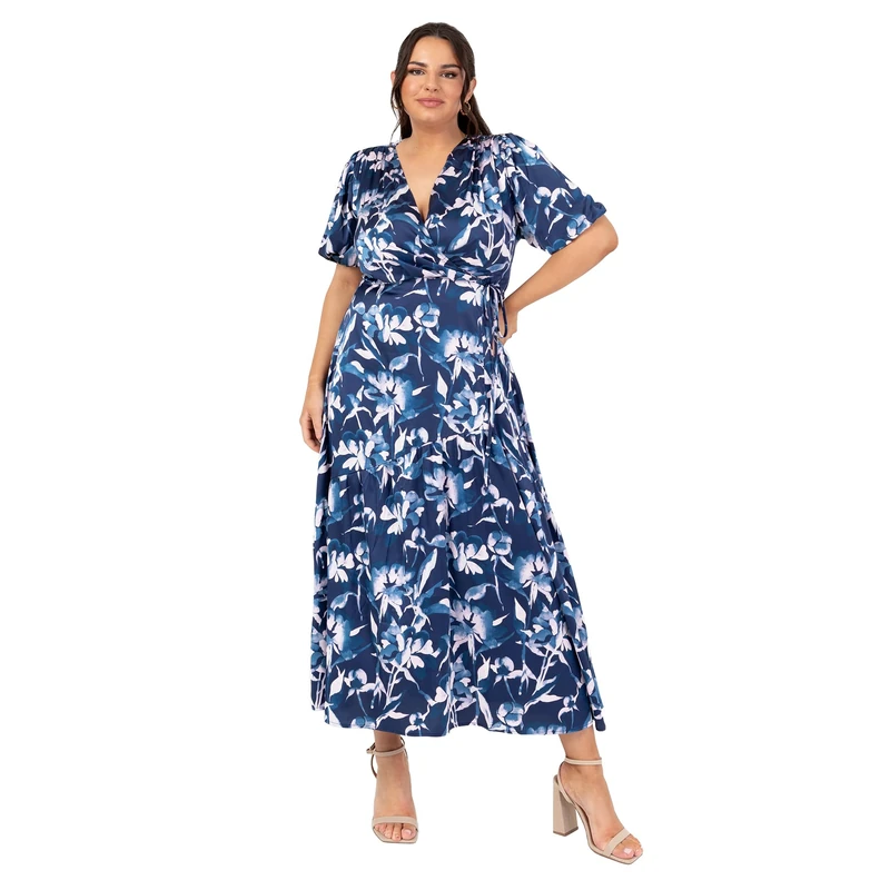 Lovedrobe Women's Ladies Midaxi Dress V-Neck Puff Short Sleeve Wrap Empire A-line Animal Print Wedding Guest Occasion Evening Prom Navy Blue 18