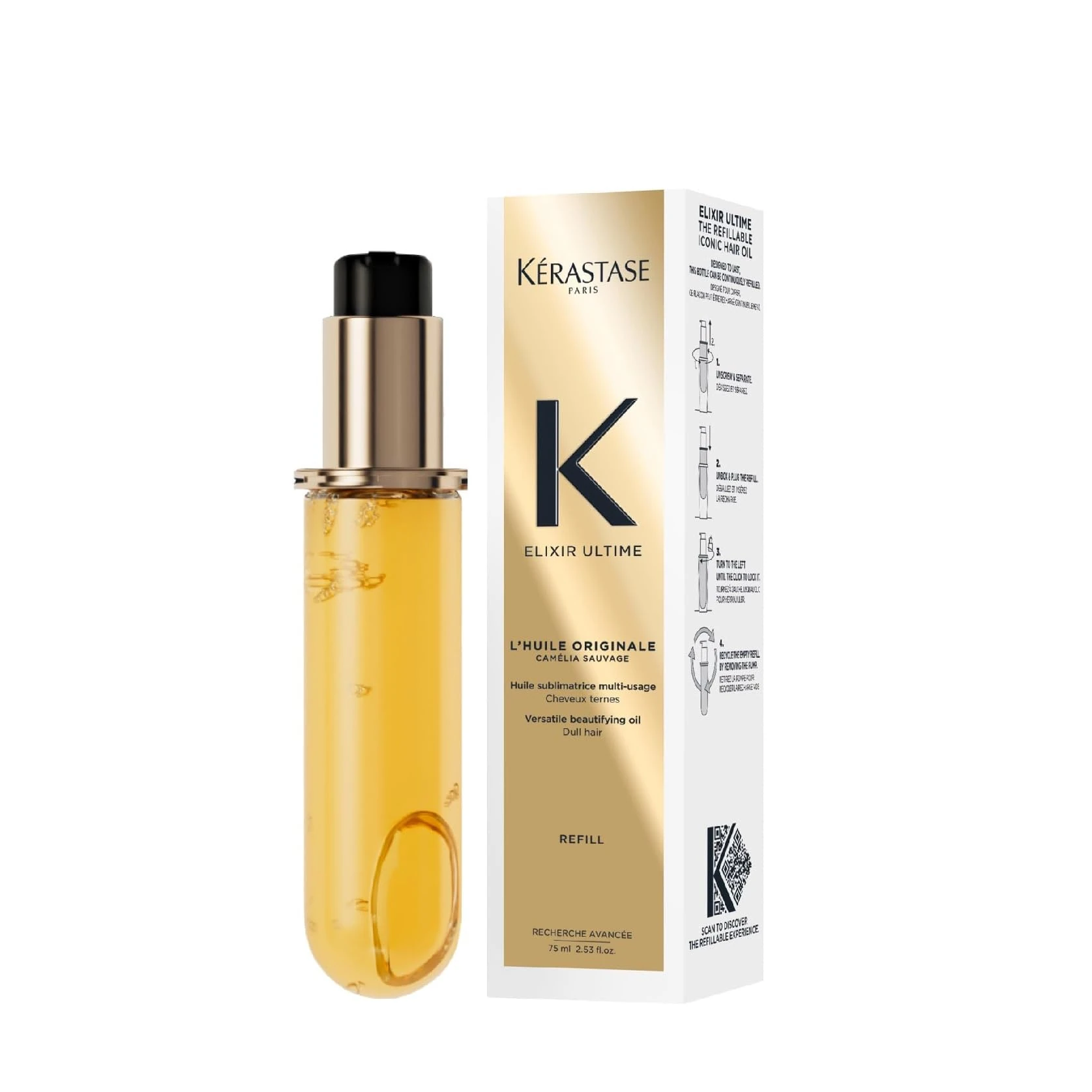 Kérastase Elixir Ultime Hair Oil, Nourishes Dull Hair, For All Hair Types, Strengthens and Protects Hair From Heat, With Argan and Camellia Oil, L'Huile Originale, 75ml Refill