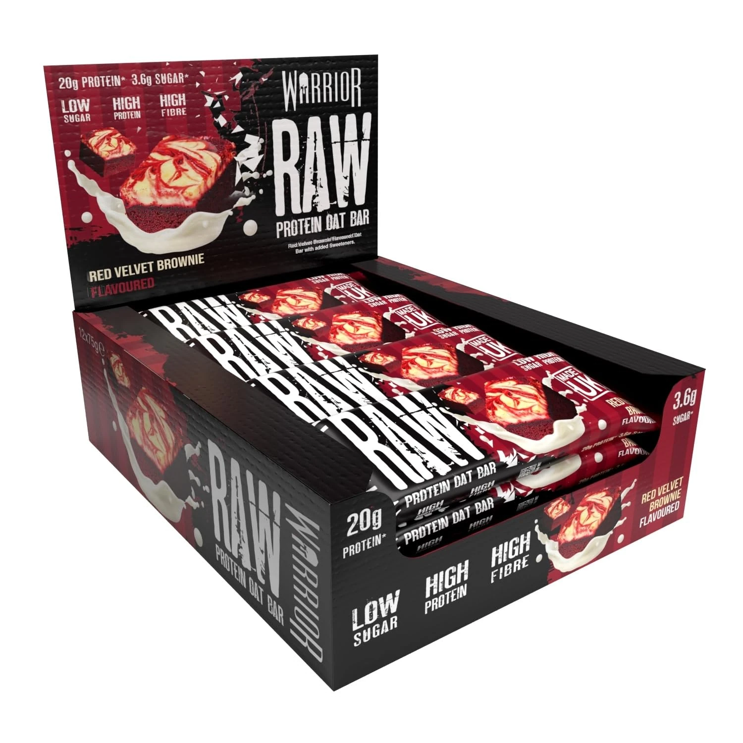 Warrior Raw Protein Bars – 12 x 75g High Protein Snack – High Fibre, Low Sugar – Ideal Meal Replacement or Healthy Nutrition Energy Snacks - Oat Bar Flapjacks – UK Made (Red Velvet Brownie)