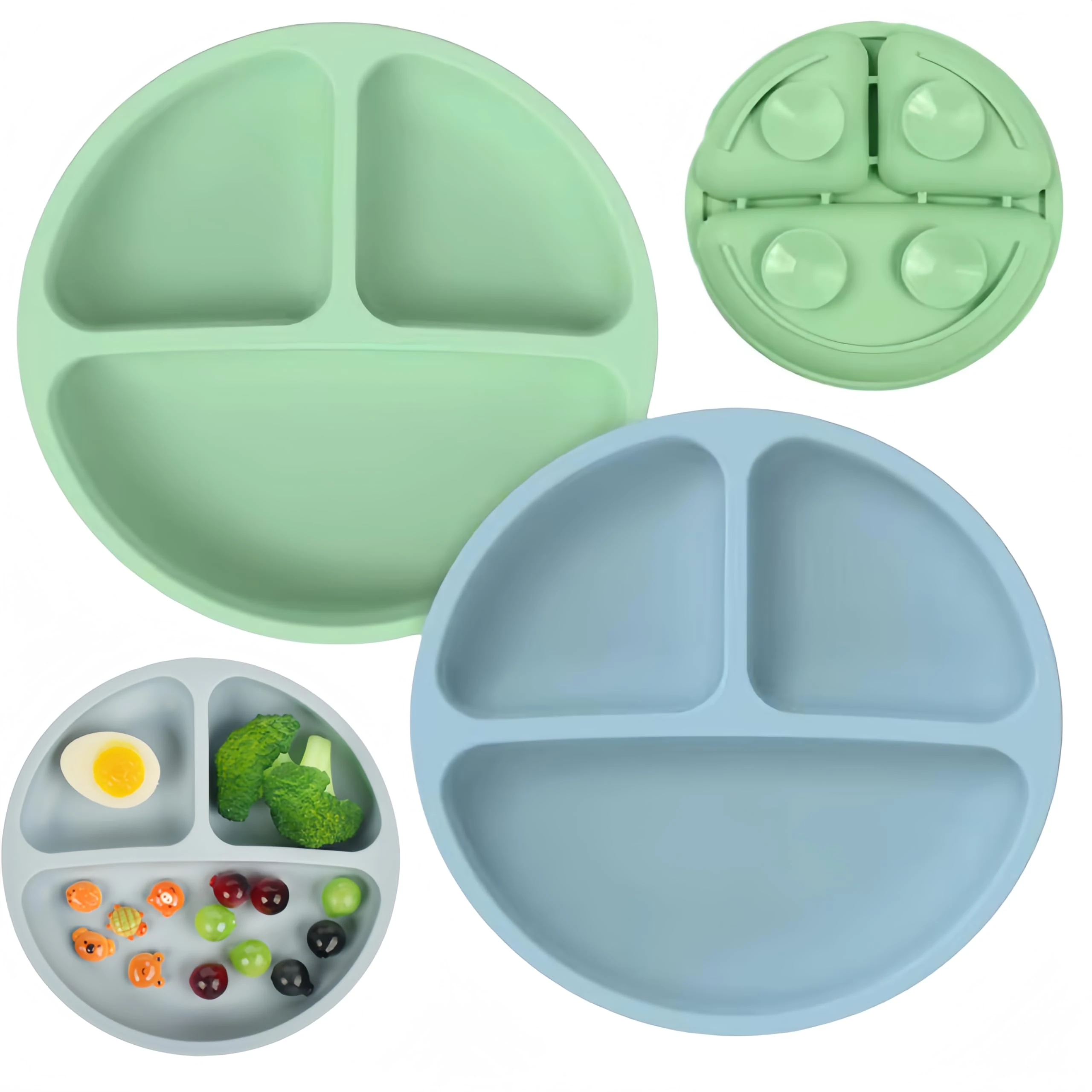 Baby Plates with Suction - 2 Pack Silicone Divided Plates for Toddler Kids Self Feeding - Non Slip, Suitable for High Chairs Tray and Tables - Portable (Blue+Green)