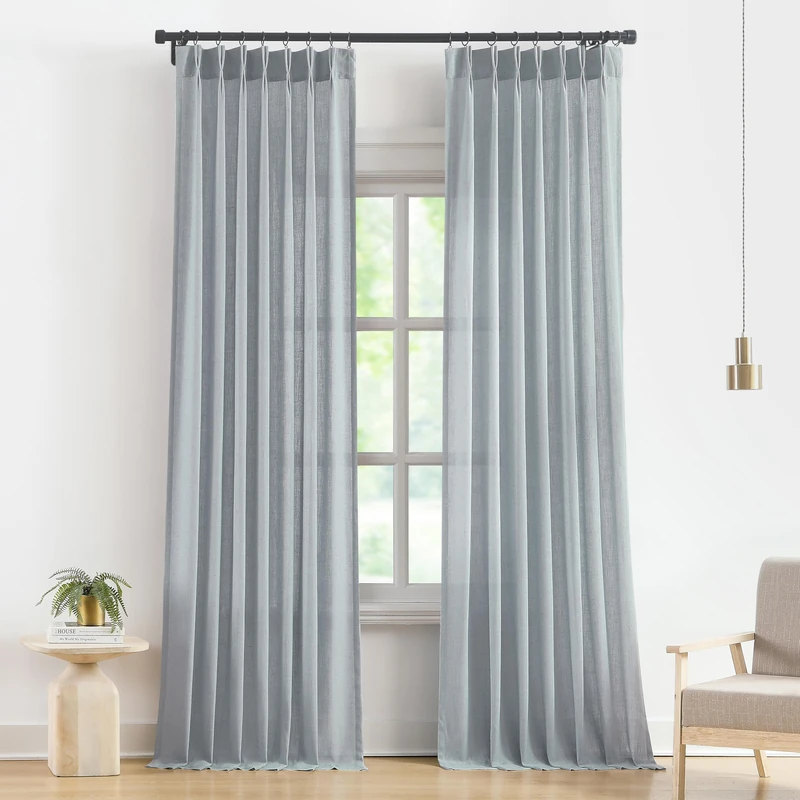 Vision Home Pinch Pleated Semi Sheer Curtains Textured Linen Blended Light Filtering Window Curtains 95 inch for Living Room Bedroom Pinch Pleat Drapes with Hooks 2 Panels 40" Wx95 L,Blue Fog