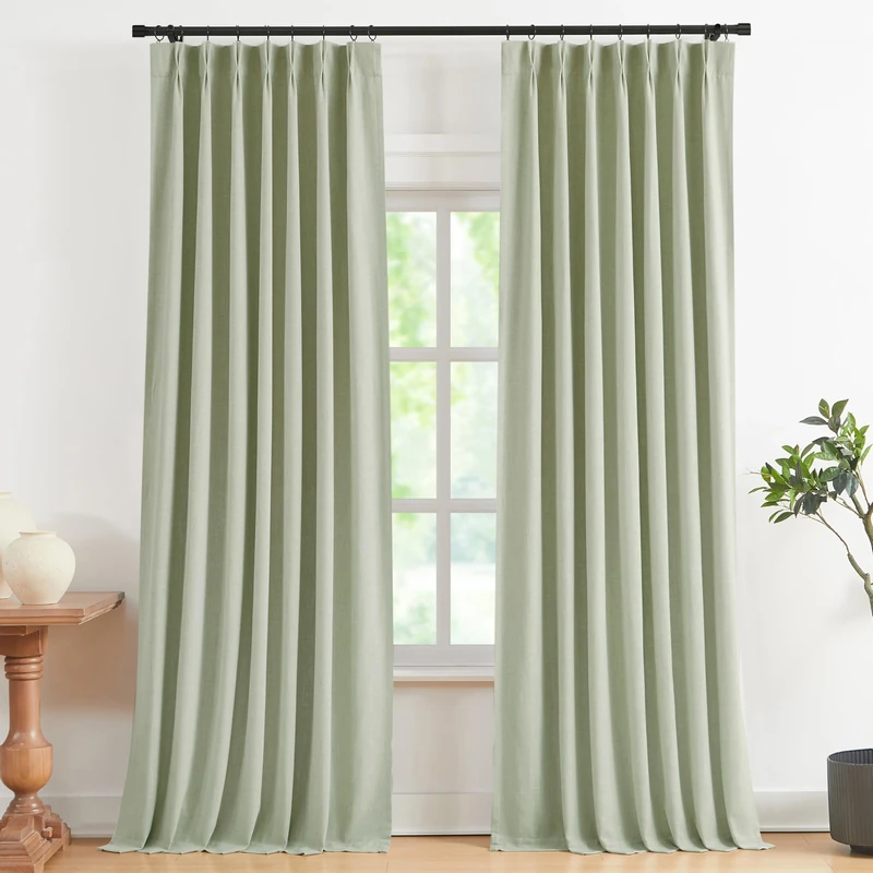 Vision Home Linen Blend Blackout Pinch Pleat Curtain Panels for Living Room Bedroom Thermal Insulated Drapes with Hooks 40" W x 102" L, 2 Panels, Mellow Green