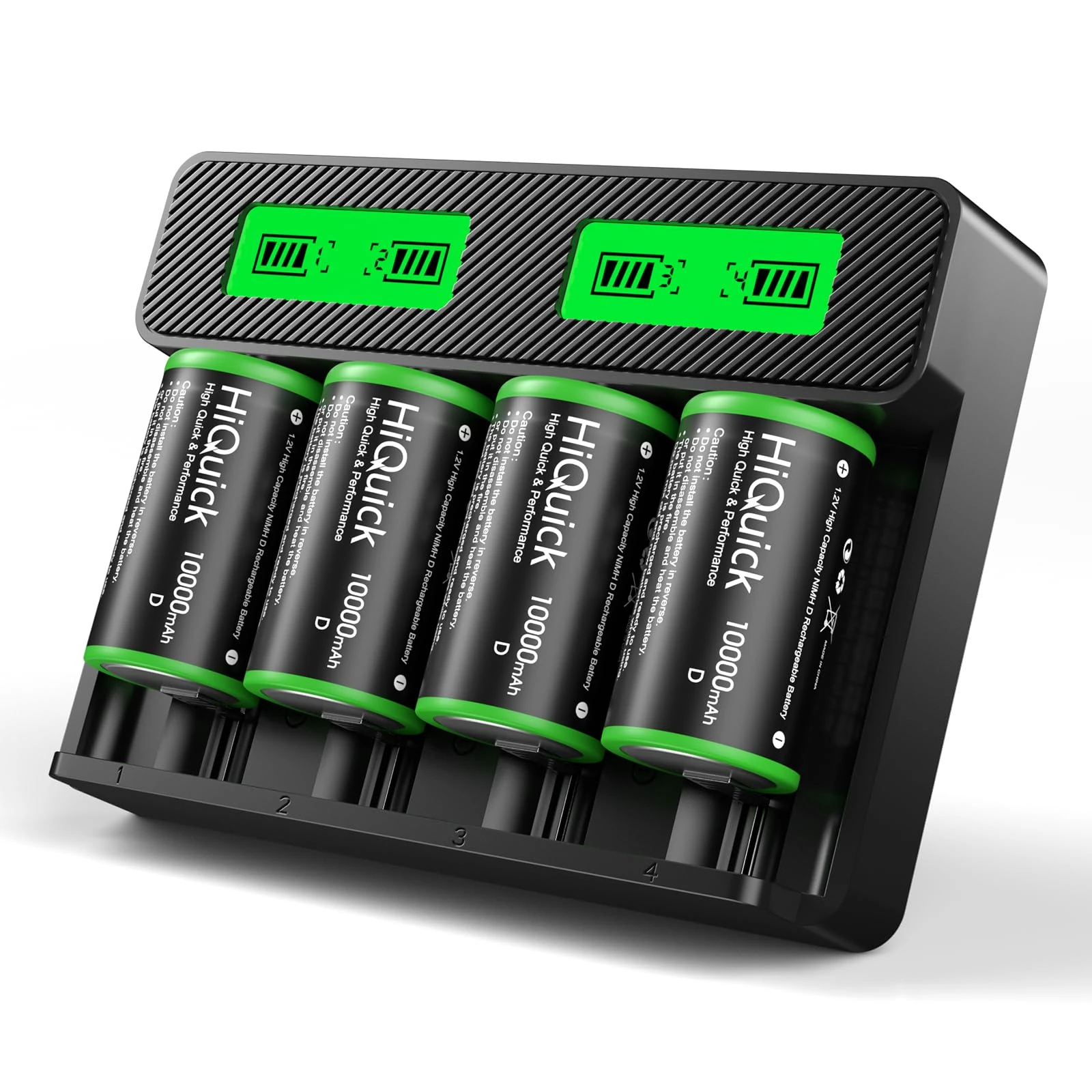 HiQuick Rechargeable D Batteries With Charger, 4 Bay LCD Universal Battery Charger For 3.7V Lithium-ion 18650 21700 14500 26650 18350 and 1.2V Ni-MH AA AAA C D Batteries With D batteries(4 Pack)