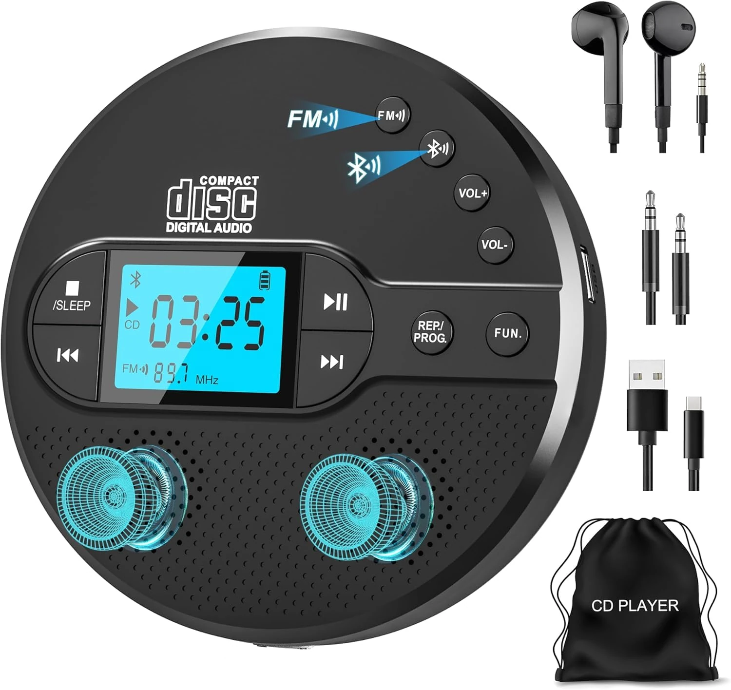 Greadio NEW 2025 Discman CD Player with Bluetooth, Portable CD Player with 2000mAh Rechargeable Battery, Compatible FM Transmitter, USB, AUX, Personal MP3 Players Anti-Skip Protection for Car (Black)