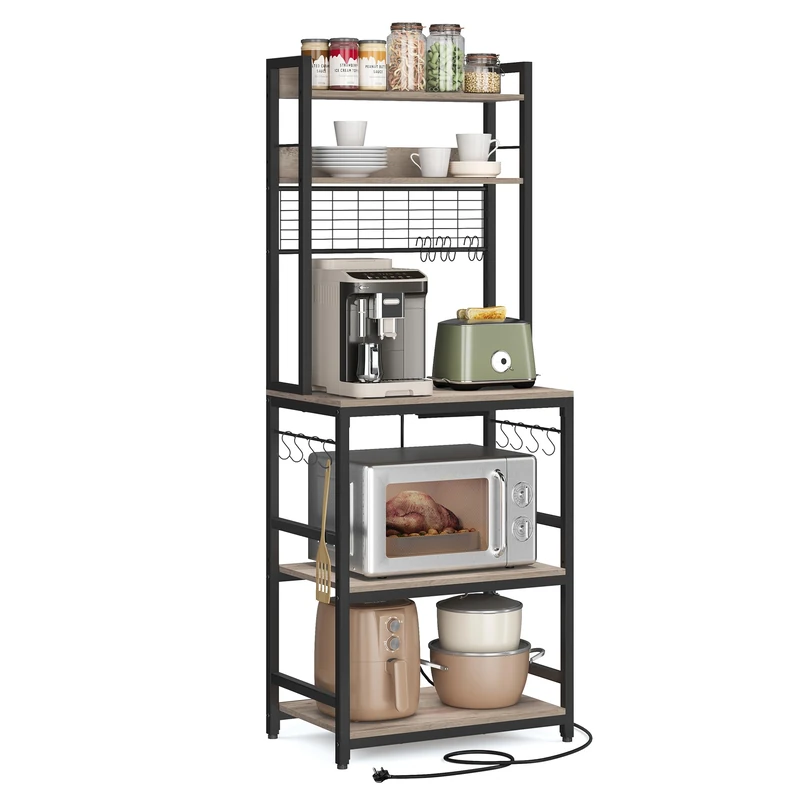 VASAGLE Kitchen Storage Rack with Power Outlet, Coffee Bar, Baker's Rack, with Metal Wire Panel, 14 Hooks, for Microwave, Steel Frame, 40 x 60 x 170 cm, Greige and Ink Black KKS037B22