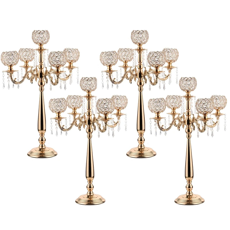 4 Packs 5 Arms Crystal Candelabra for Wedding Centerpiece, Gold Floor Candle Holder Set with Chandelier Crystal Beaded Anniversary Dinner Party Table Decoration candelabros de mesa Elegantes
