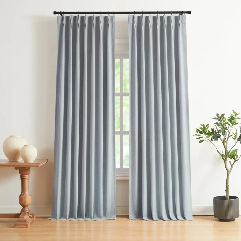 Vision Home Blue Gray Pinch Pleated Full Blackout Curtains Linen Blended Room Darkening Window Curtains 108 inch for Living Room Bedroom Thermal Insulated Pinch Pleat Drapes with Hooks 40" Wx108 Lx2