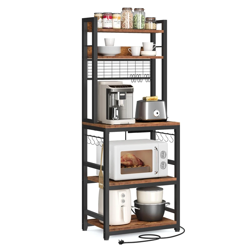 VASAGLE Kitchen Storage Rack with Power Outlet, Coffee Bar, Baker's Rack, with Metal Wire Panel, 14 Hooks, for Microwave, Steel Frame, 40 x 60 x 170 cm, Rustic Brown and Ink Black KKS037B21