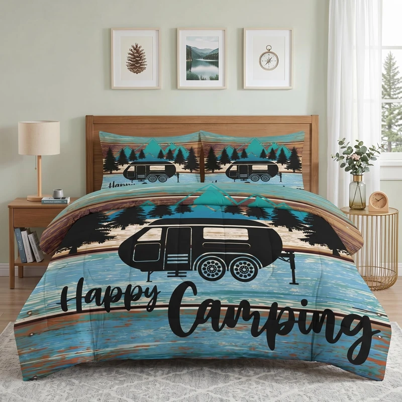 Pamnest Comforter Set King Size, Camper Rv Car Soft 3 Pcs Bedding for Kids and Adults, Camping Vehicle Camp Comforter Set with Pillowcase, for Bedroom Bed Decor