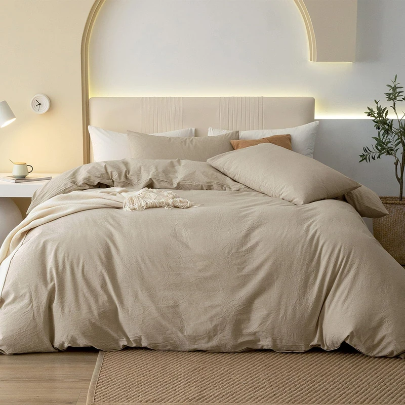 JIYUAN 100% Washed Cotton Duvet Cover Quilt Cover Set Comfy Simple Style Soft Breathable Textured Durable Linen Feel Bedding for All Seasons Oversized Queen Size, Tan