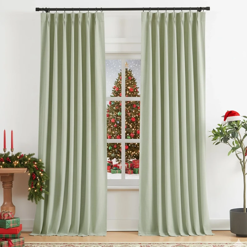 Vision Home Green Pleated Curtains Linen Blend Room Darkening Window Curtains for Living Room Bedroom Thermal Insulated with Hooks 2 Panels 40" W x 84" L