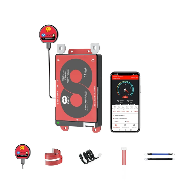 DALY Smart BMS 3S-20S 40A to 500A with WiFi Module and Can 485 Communication Protection Board for Lithium Ion Battery Pack (Li-Ion 7S 24V, 60A)