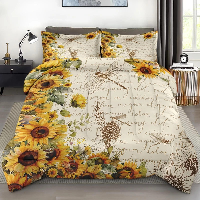 Pamnest Comforter Set Twin Size, Sunflower Floral Flower Soft 2 Pcs Bedding for Kids and Adults, Dragonfly Vintage Summer Comforter Set with Pillowcase, for Bedroom Bed Decor