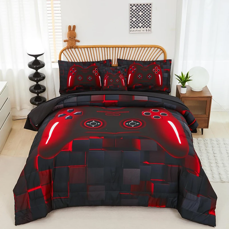 PERFEMET 6-Piece Boys Comforter Set Queen Size Game Console Bedding Set for Kids Teen 3D Black and Red Gamepad Gaming Bed in a Bag Matching Sheet Set(Red, Queen)