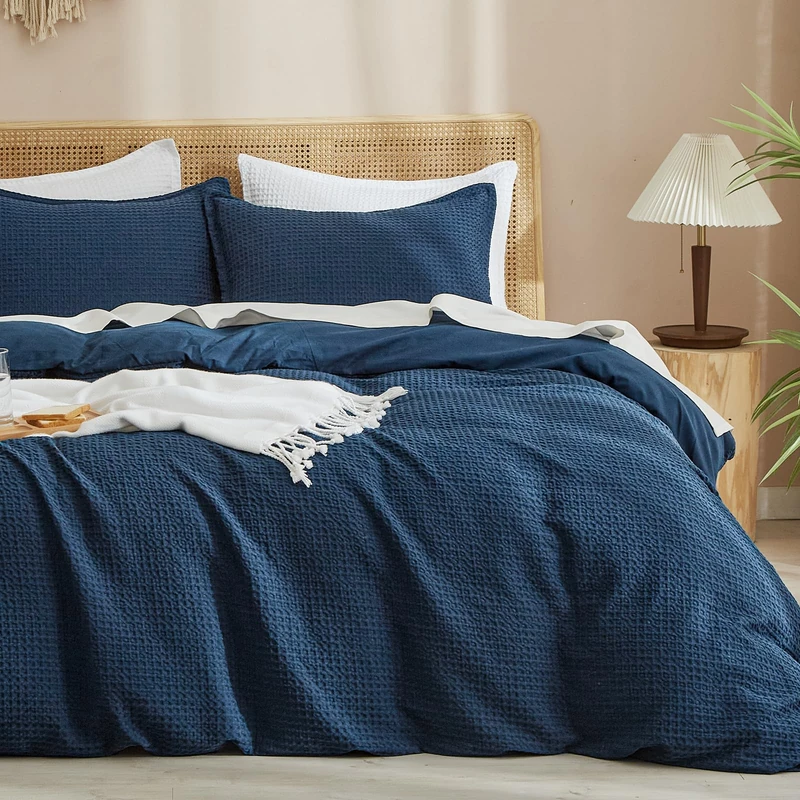 PHF Waffle Weave Duvet Cover Set King Size, No Snagging Ultra Soft Luxury Textured Breathable Comforter Cover for All Season 3pcs, Durable Bedding Duvet Set with 2 Pillow Shams, 104"x90", Navy Blue