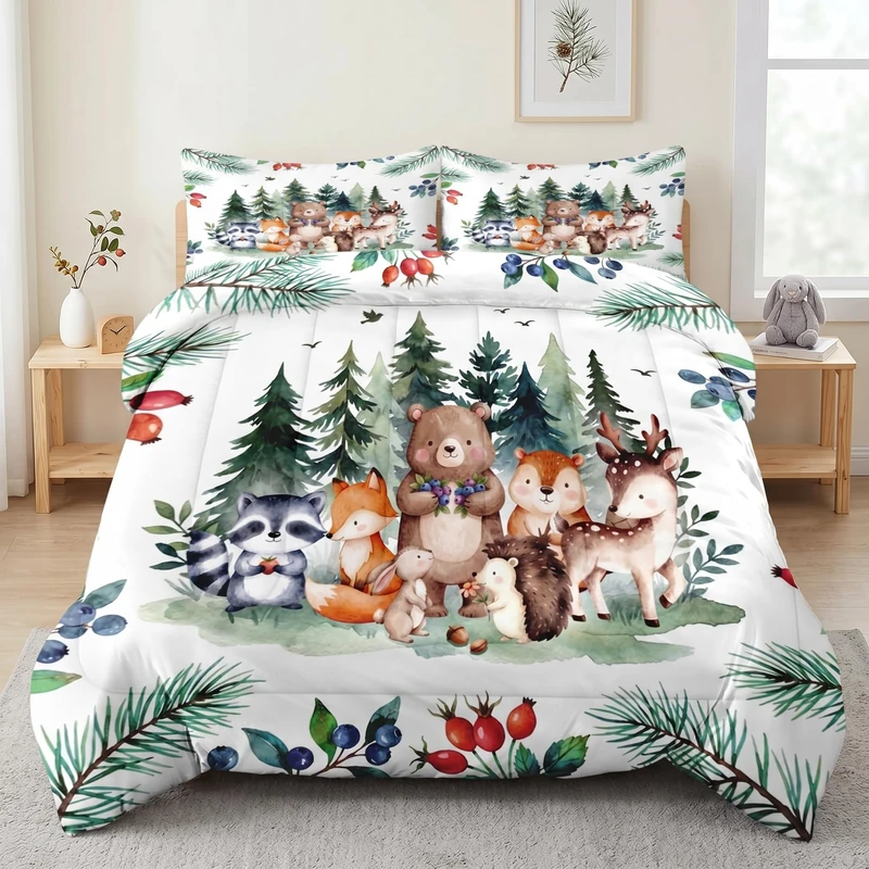 Pamnest Comforter Set Full Size, Safari Woodland Animal Bird Soft 3 Pcs Bedding for Kids and Adults, Fox Cute Bear Jungle Comforter Set with Pillowcase, for Bedroom Bed Decor