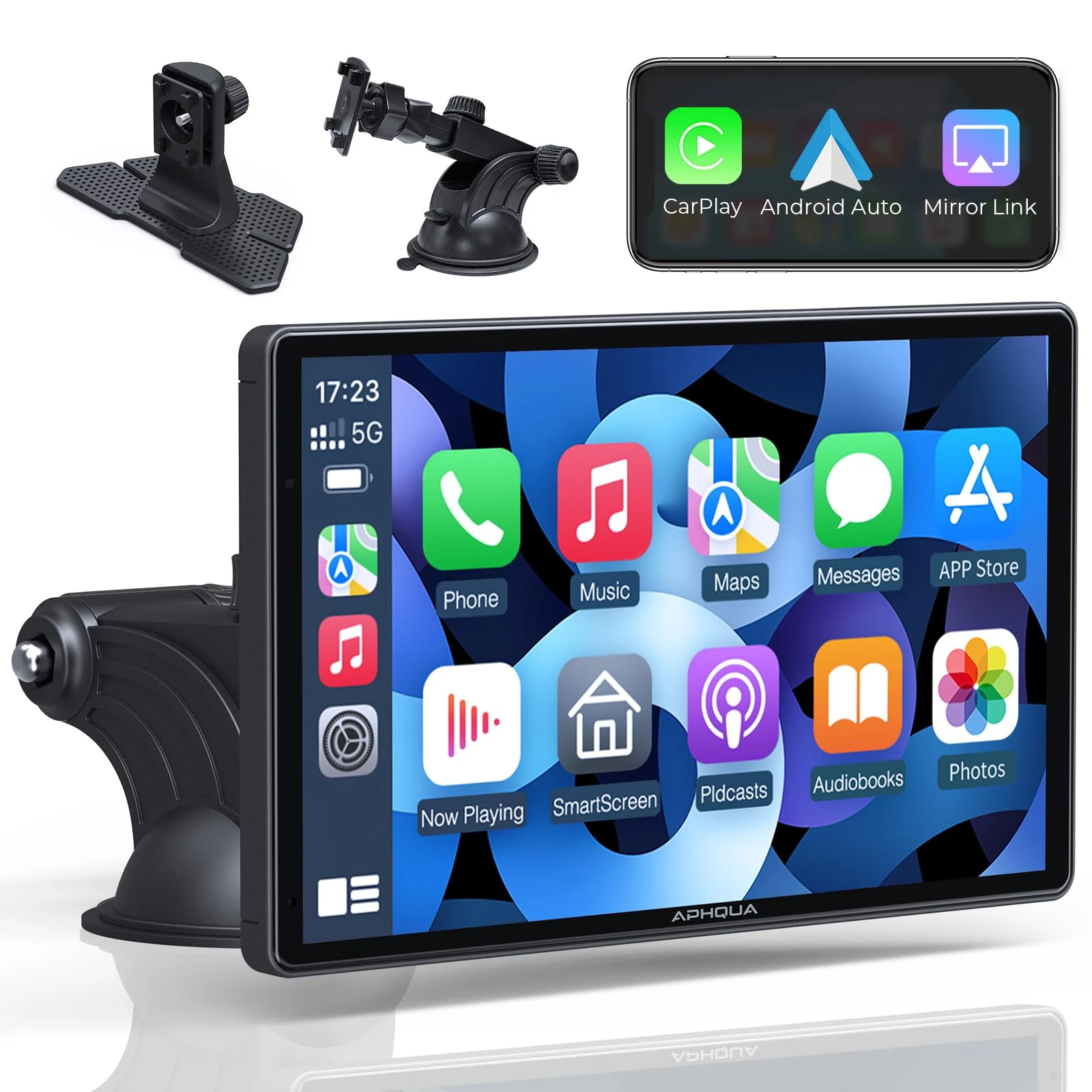 APHQUA Carplay Screen for Car, 7'' Wireless App-le Carplay & Android Auto Car Stereo, Portable Car Play Touch Screen Digital Media Receivers with GPS Navigation/Mirror Link/Bluetooth/FM/AUX/USB