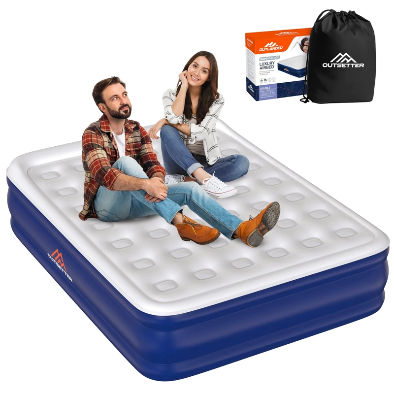 Vivo Technologies Luxury High Raise Flocked Double Air Bed, Waterproof Blow Up Mattress with Built-in Pump & Storage Bag, Quick Self Inflation Deflation Airbed for Guests, Camping & Home Use