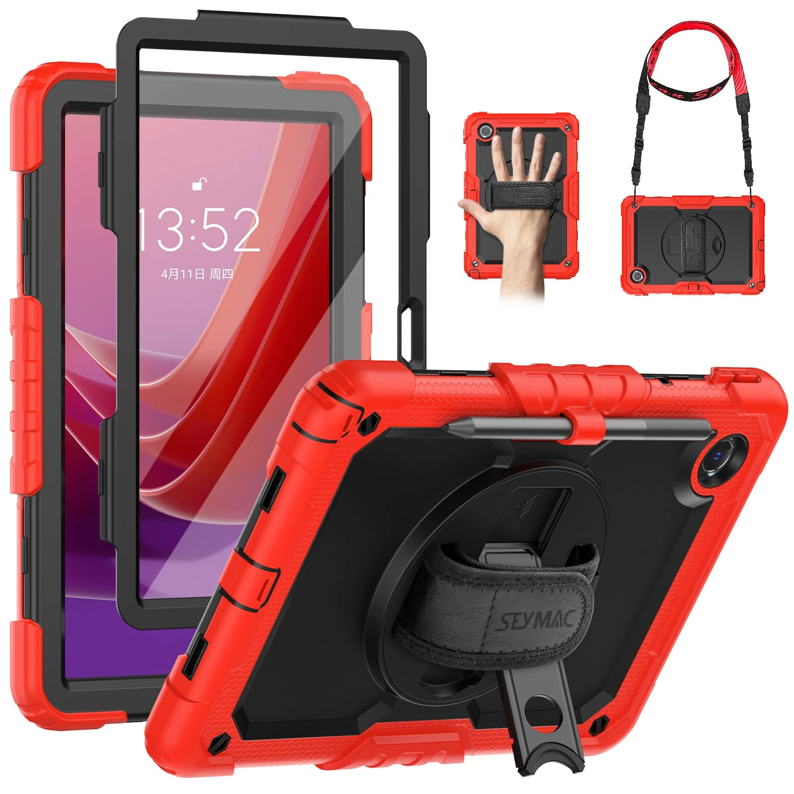 SEYMAC Case for Lenovo Idea Tab 11 inch (2025) / Tab M11 2024, for Xiaoxin Pad/ K11 With 360° Rotating Stand/Hand Strap, Screen Protector, Shoulder Strap, TB-336ZU/336FU/330FU/330XU/331FC, Red