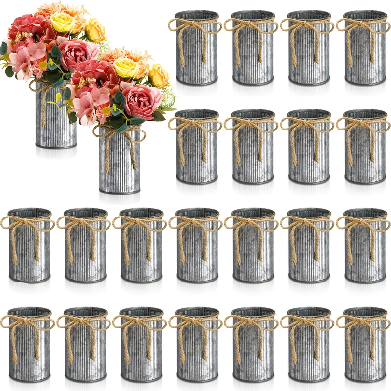 Domensi 4.33 Inch Petite Farmhouse Vase Decor Vintage Flower Vase with Twine Bow Rustic Galvanized Metal Buckets for Artificial Flowers for Table Centerpiece Weddings(Iron Color,24 Pcs)