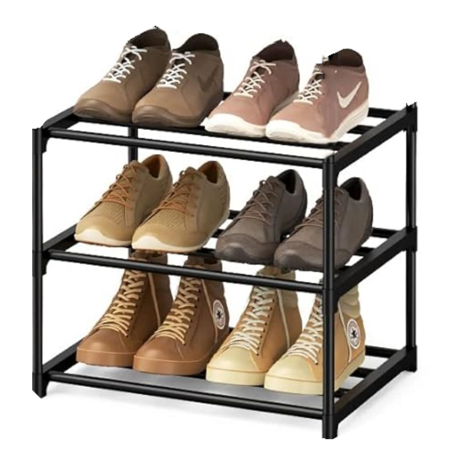 Flosvotals 3 Tier Shoe Rack,Space Saving Shoe Storage Organiser,Metal Storage Rack, Easy Assembly & Strong Design, Stackable Shoe Shelf, for Hallway, Living Room, Bedroom,Black, XJ123