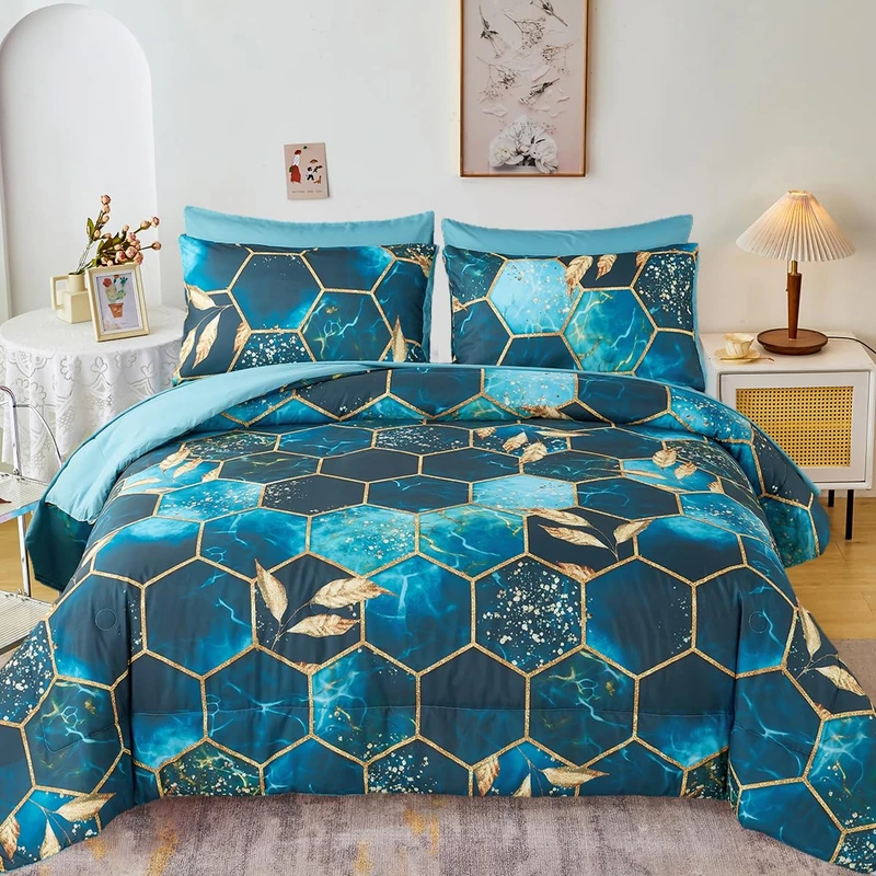 ZRNBAST Honeycomb King Size Bed in a Bag 7 Pieces Marble Teal Gold Comforter Set with Sheets Hexagon Geometric Trim Print Water Ripple Bedding Set for All Season (King)