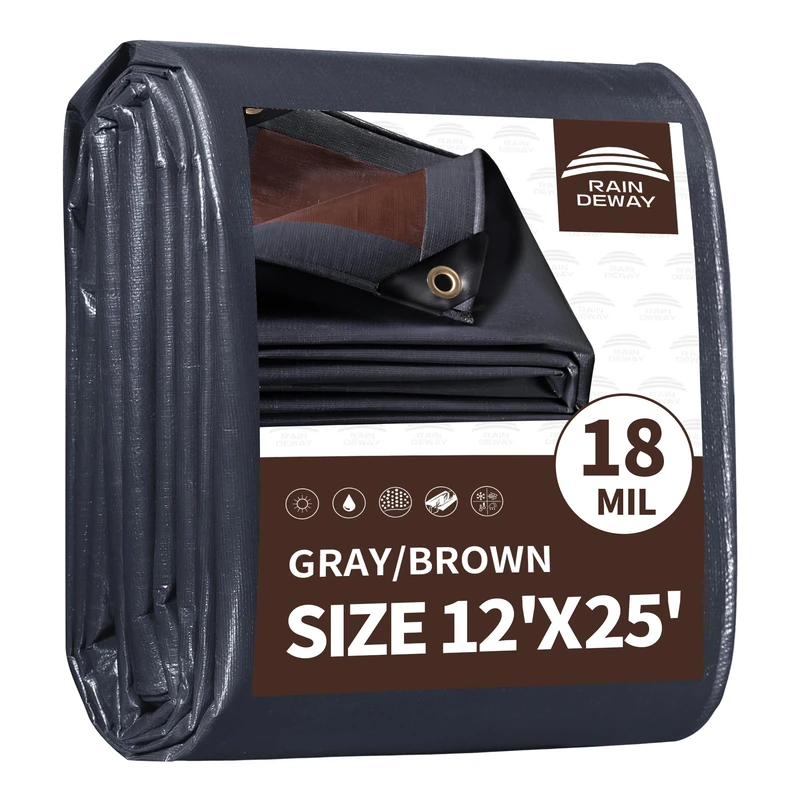 RAINDEWAY 12x25 Feet Tarps Super Heavy Duty Waterproof,18 Mil Large Poly Tarp with Grommets and Reinforced Edges,UV Resistant,Tear Resistant,Multipurpose Protective Cover Brown/Gray Tarp