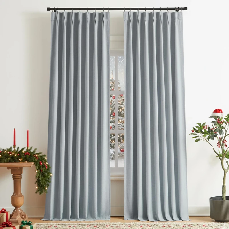 Vision Home Blue Gray Pinch Pleated Full Blackout Curtains Linen Blended Room Darkening Window Curtains 90 inch for Living Room Bedroom Thermal Insulated Pinch Pleat Drapes with Hooks 40" Wx90 Lx2