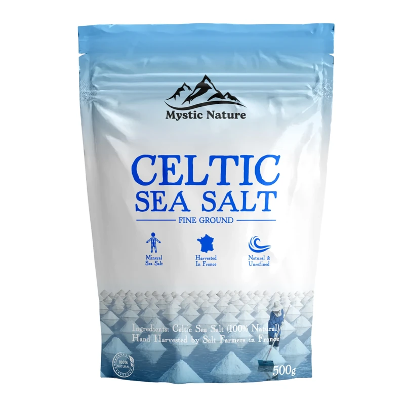 Mystic Nature Celtic Sea Salt - 500g | Fine Ground | 100% Natural Unrefined Mineral Rich Celtic Salt Crystals From France | Rich In Magnesium Calcium