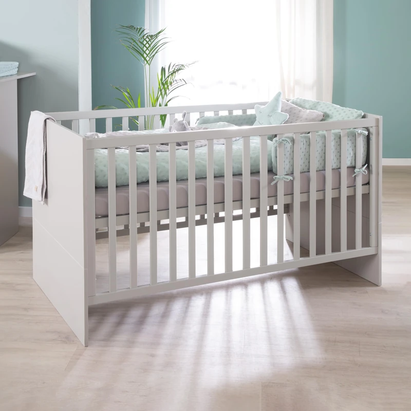 roba Lea Baby Cot – 70 x 140 cm – Convertible into a Cot – Adjustable Height – 3 Removable Bars – Beige/Grey
